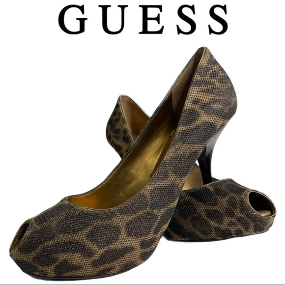 Guess  Leopard Print Peep Toe Metallic Heel Size 8.5 - Picture 1 of 7
